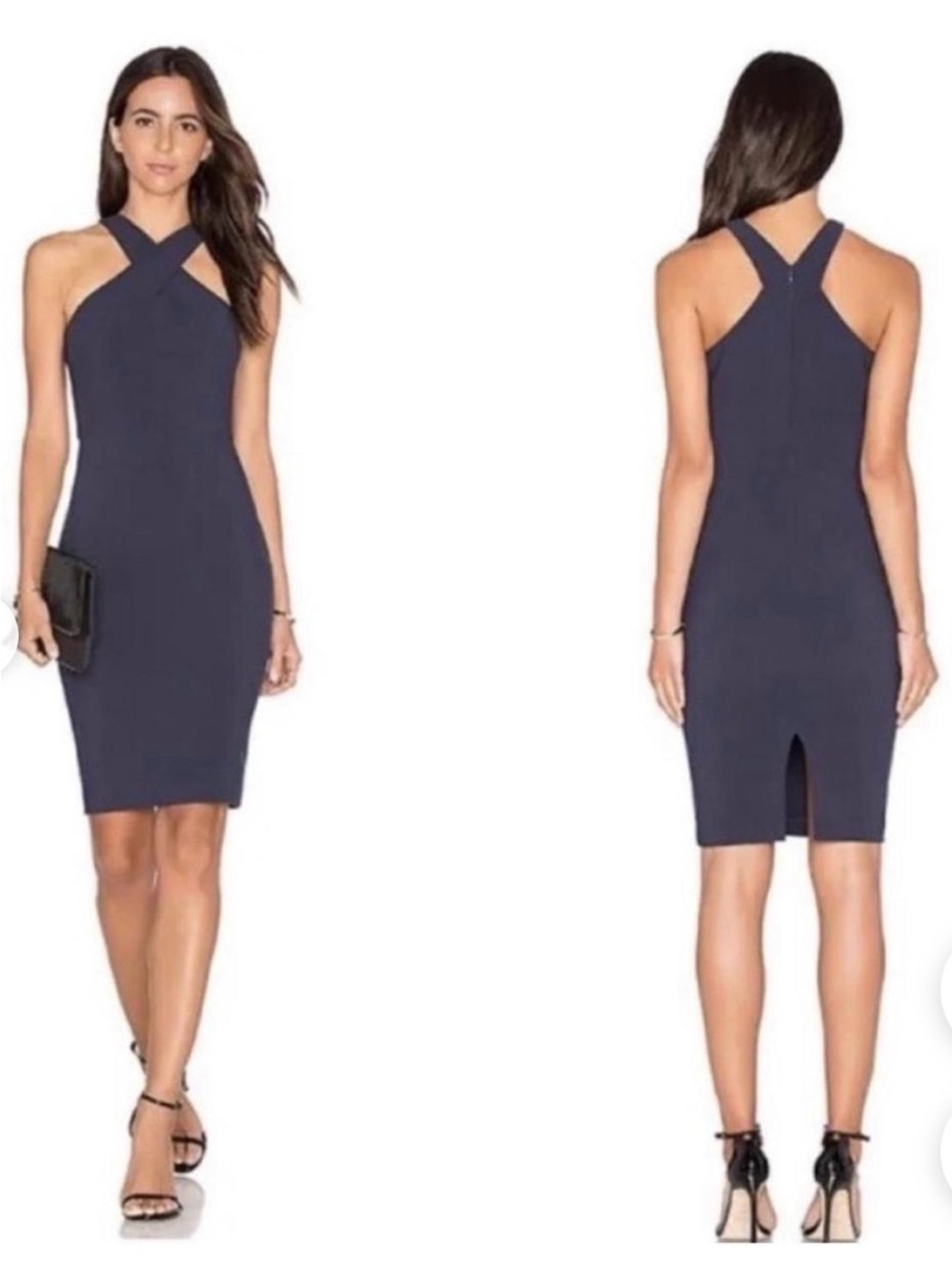 Cross-Front Halter Navy Sheath Dress